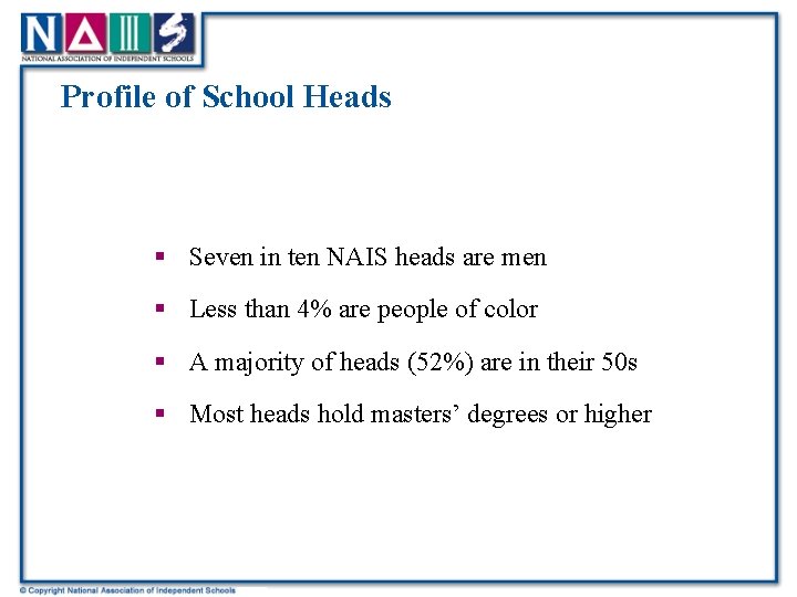 Profile of School Heads § Seven in ten NAIS heads are men § Less