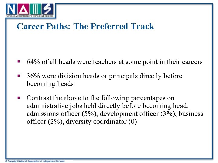 Career Paths: The Preferred Track § 64% of all heads were teachers at some