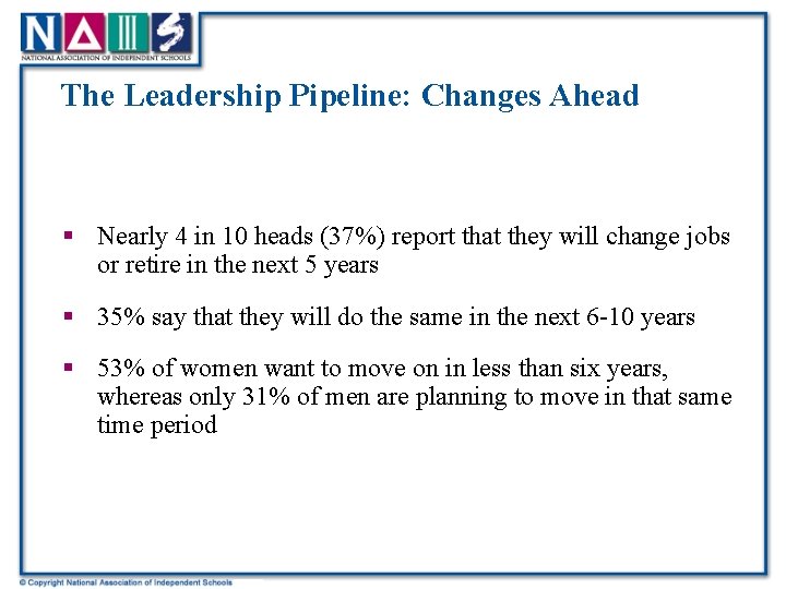 The Leadership Pipeline: Changes Ahead § Nearly 4 in 10 heads (37%) report that