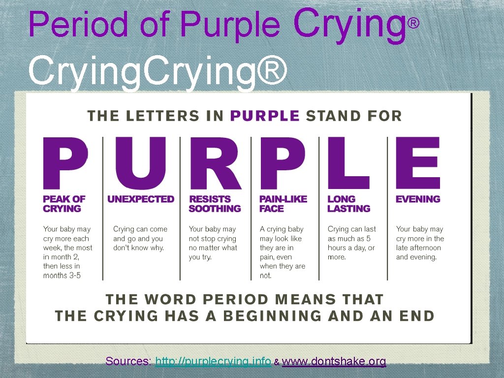 Period of Purple Crying® Sources: http: //purplecrying. info & www. dontshake. org ® 