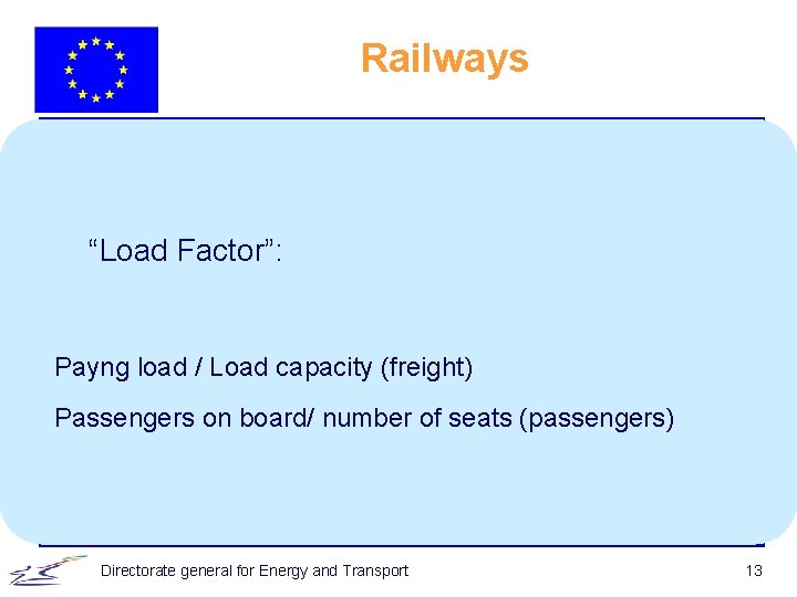 Railways “Load Factor”: Payng load / Load capacity (freight) Passengers on board/ number of