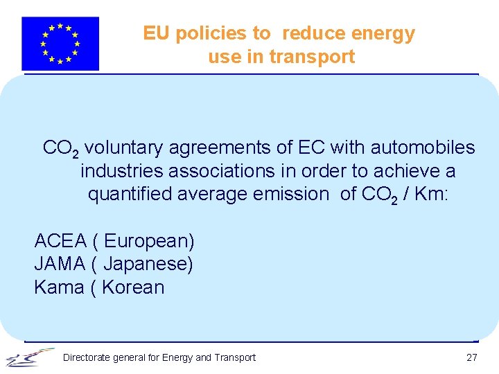 EU policies to reduce energy use in transport CO 2 voluntary agreements of EC