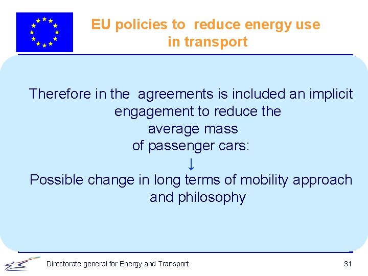 EU policies to reduce energy use in transport Therefore in the agreements is included