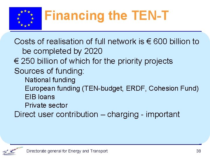 Financing the TEN-T Costs of realisation of full network is € 600 billion to