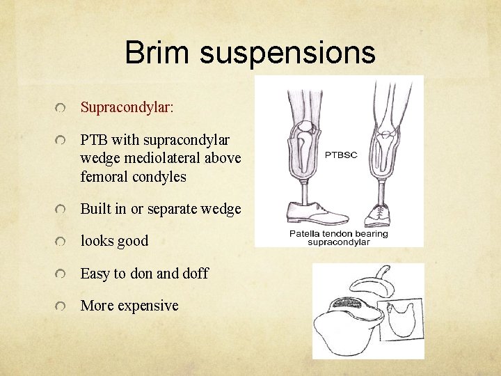 Brim suspensions Supracondylar: PTB with supracondylar wedge mediolateral above femoral condyles Built in or