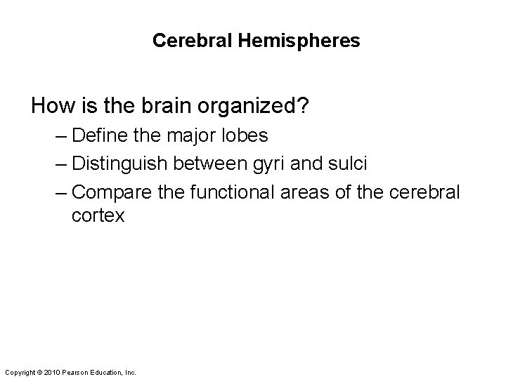Cerebral Hemispheres How is the brain organized? – Define the major lobes – Distinguish