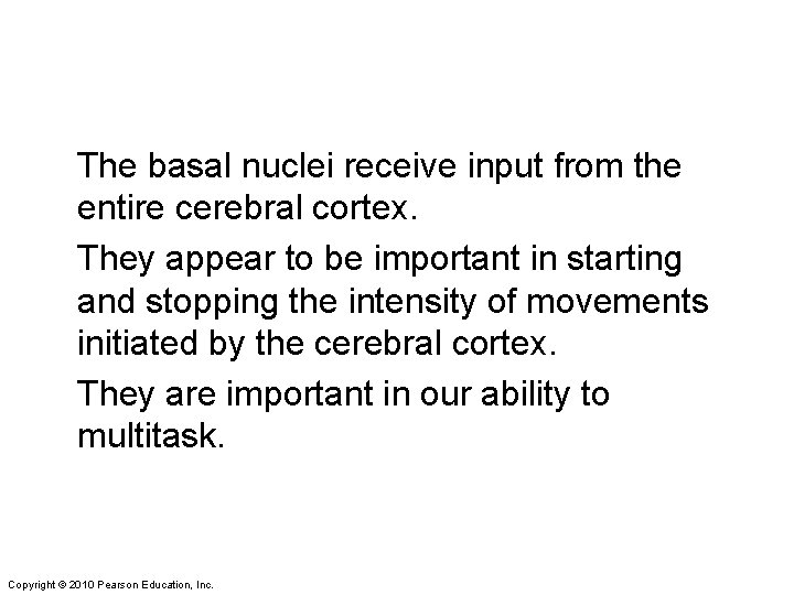 The basal nuclei receive input from the entire cerebral cortex. They appear to be