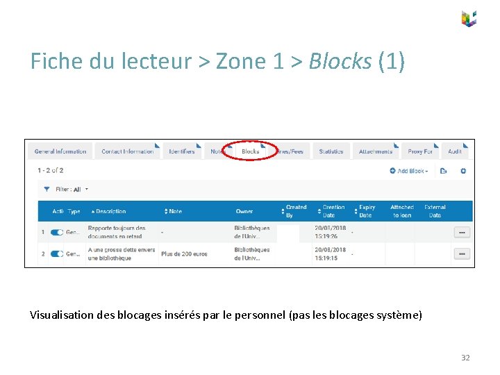 Fiche du lecteur > Zone 1 > Blocks (1) Visualisation des blocages insérés par