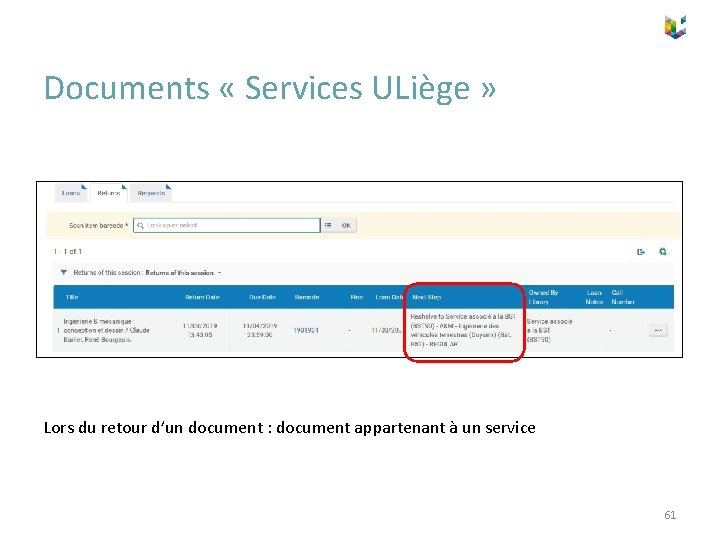 Documents « Services ULiège » Lors du retour d’un document : document appartenant à