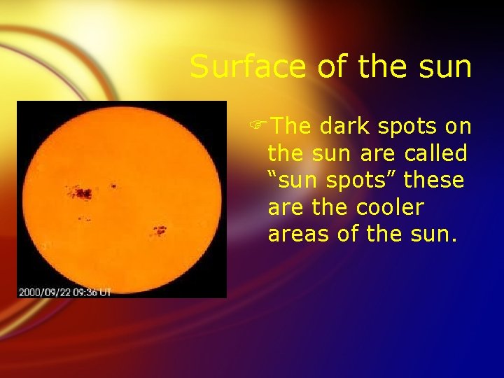 Surface of the sun FThe dark spots on the sun are called “sun spots”