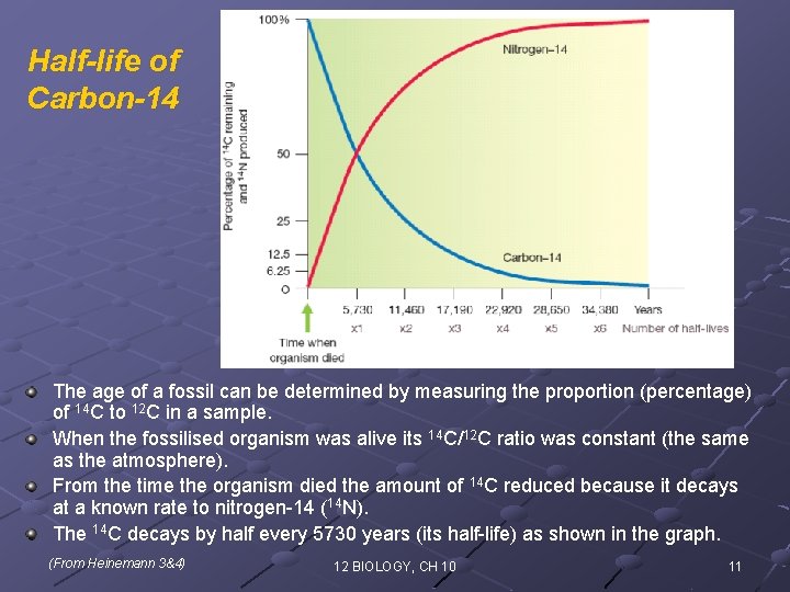 Half-life of Carbon-14 The age of a fossil can be determined by measuring the