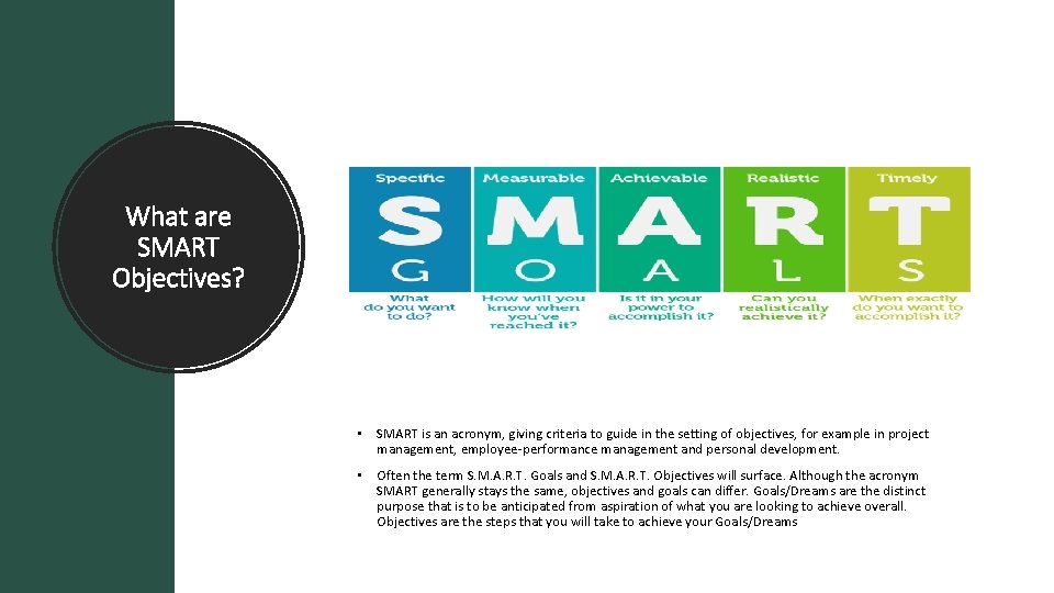 What are SMART Objectives? • SMART is an acronym, giving criteria to guide in