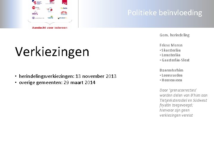 Politieke beïnvloeding Gem. herindeling Verkiezingen • herindelingsverkiezingen: 13 november 2013 • overige gemeenten: 29