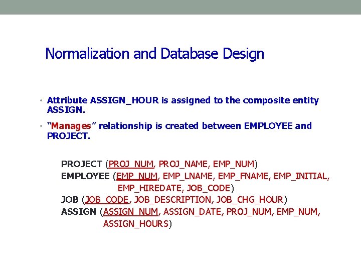 Normalization and Database Design • Attribute ASSIGN_HOUR is assigned to the composite entity ASSIGN. Normalization and Database Design • Attribute ASSIGN_HOUR is assigned to the composite entity ASSIGN.