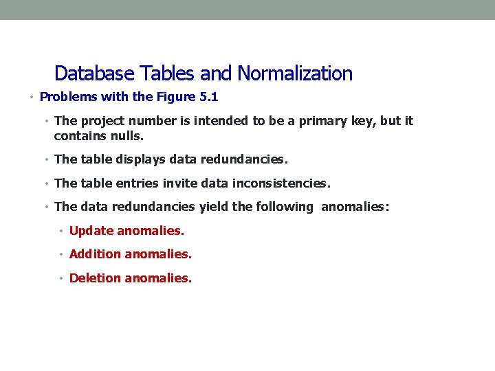 Database Tables and Normalization • Problems with the Figure 5. 1 • The project Database Tables and Normalization • Problems with the Figure 5. 1 • The project
