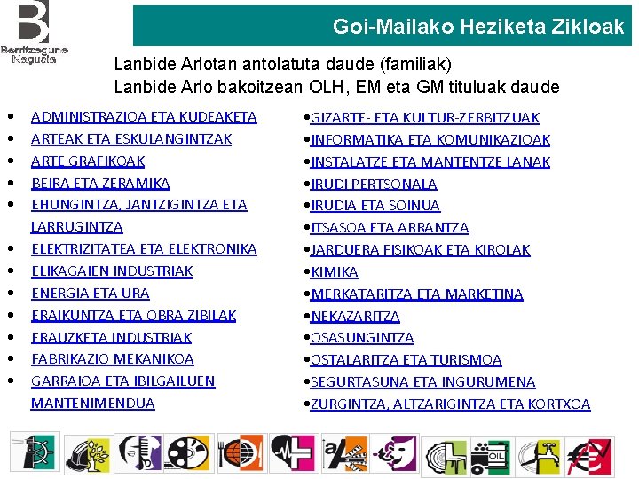 Goi-Mailako Heziketa Zikloak Lanbide Arlotan antolatuta daude (familiak) Goi-Mailako Zikloak Lanbide Arlo bakoitzean OLH,