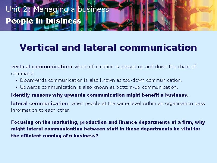 Unit 2: Managing a business People in business Vertical and lateral communication vertical communication: