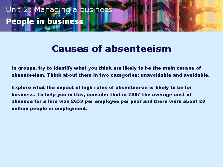 Unit 2: Managing a business People in business Causes of absenteeism In groups, try