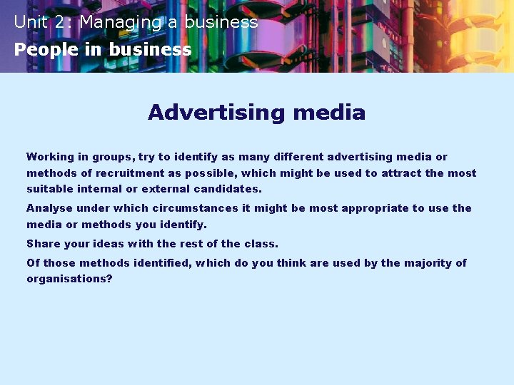 Unit 2: Managing a business People in business Advertising media Working in groups, try