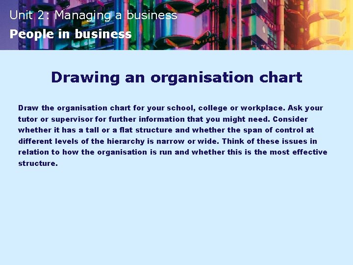 Unit 2: Managing a business People in business Drawing an organisation chart Draw the