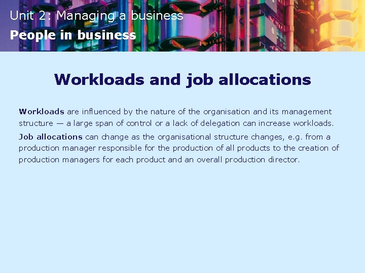 Unit 2: Managing a business People in business Workloads and job allocations Workloads are