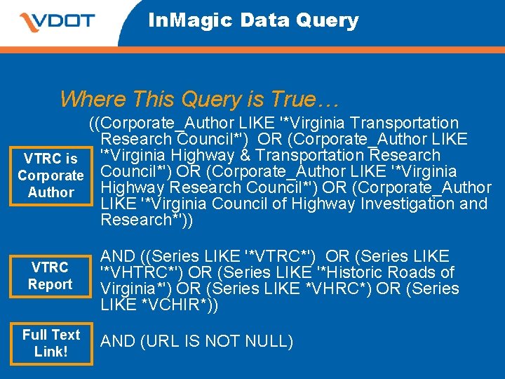 In. Magic Data Query Where This Query is True… ((Corporate_Author LIKE '*Virginia Transportation Research In. Magic Data Query Where This Query is True… ((Corporate_Author LIKE '*Virginia Transportation Research