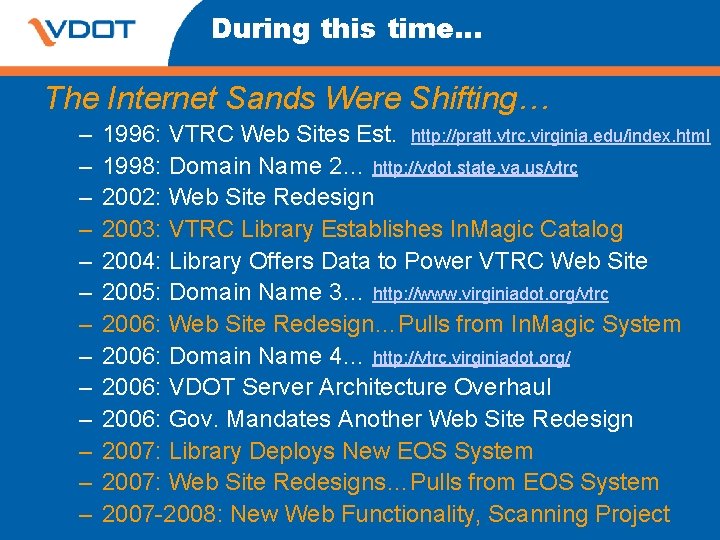 During this time… The Internet Sands Were Shifting… – – – – 1996: VTRC During this time… The Internet Sands Were Shifting… – – – – 1996: VTRC