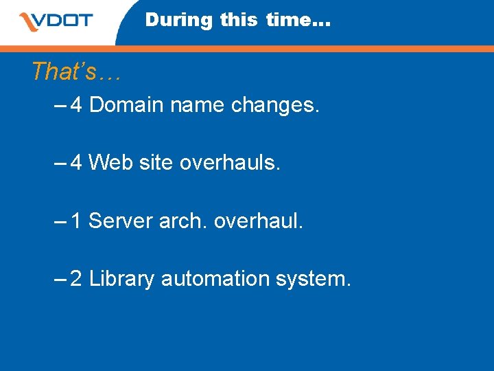 During this time… That’s… – 4 Domain name changes. – 4 Web site overhauls. During this time… That’s… – 4 Domain name changes. – 4 Web site overhauls.
