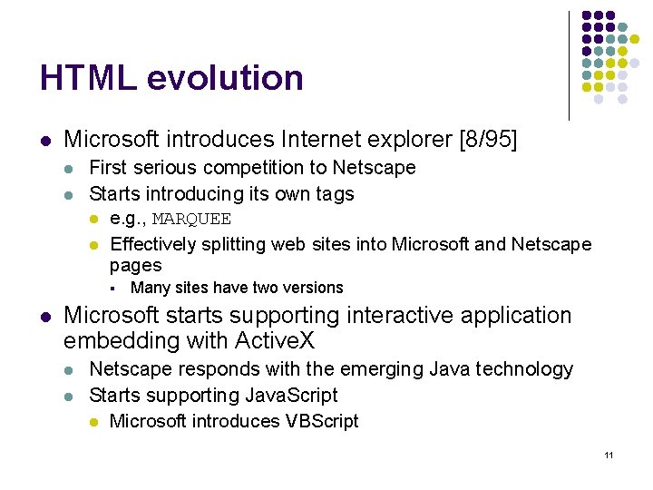 HTML evolution l Microsoft introduces Internet explorer [8/95] l l First serious competition to