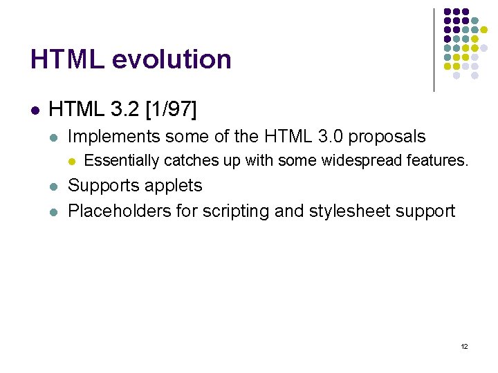 HTML evolution l HTML 3. 2 [1/97] l Implements some of the HTML 3.