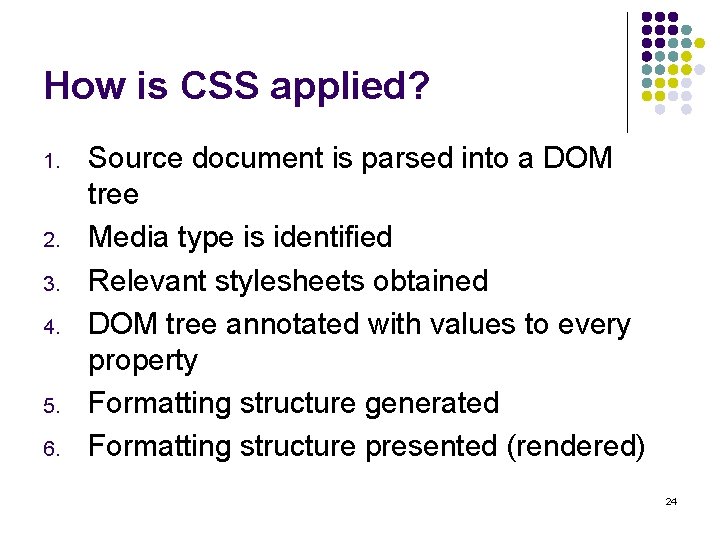 How is CSS applied? 1. 2. 3. 4. 5. 6. Source document is parsed