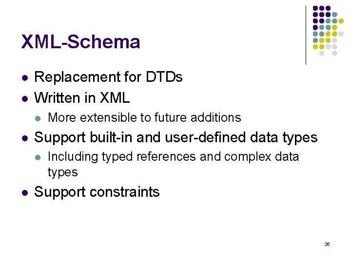 XML-Schema l l Replacement for DTDs Written in XML l l Support built-in and