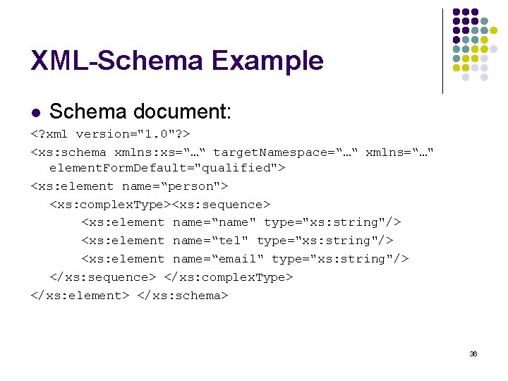 XML-Schema Example l Schema document: <? xml version="1. 0"? > <xs: schema xmlns: xs=“…“