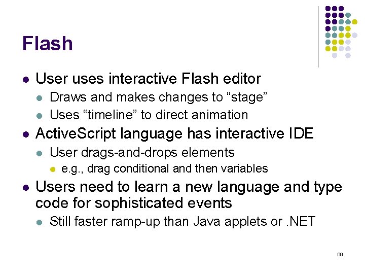 Flash l User uses interactive Flash editor l l l Draws and makes changes