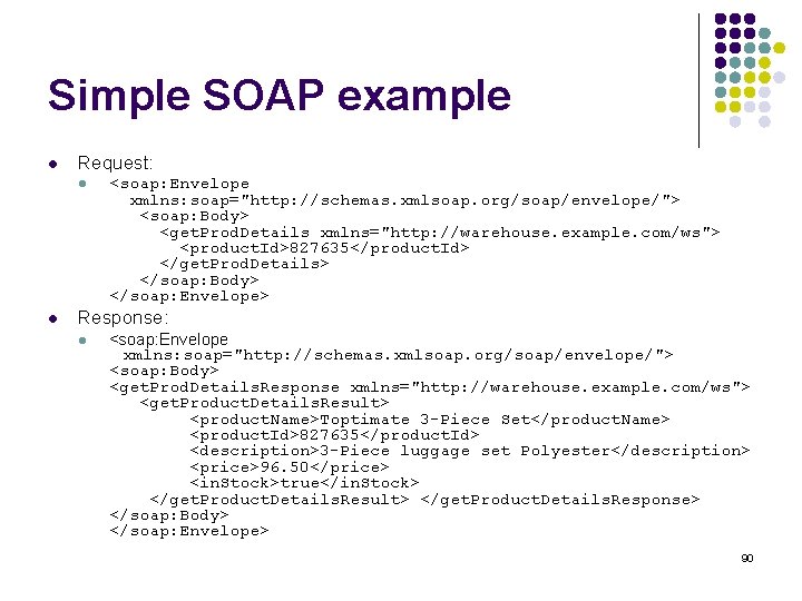 Simple SOAP example l Request: l l <soap: Envelope xmlns: soap="http: //schemas. xmlsoap. org/soap/envelope/">