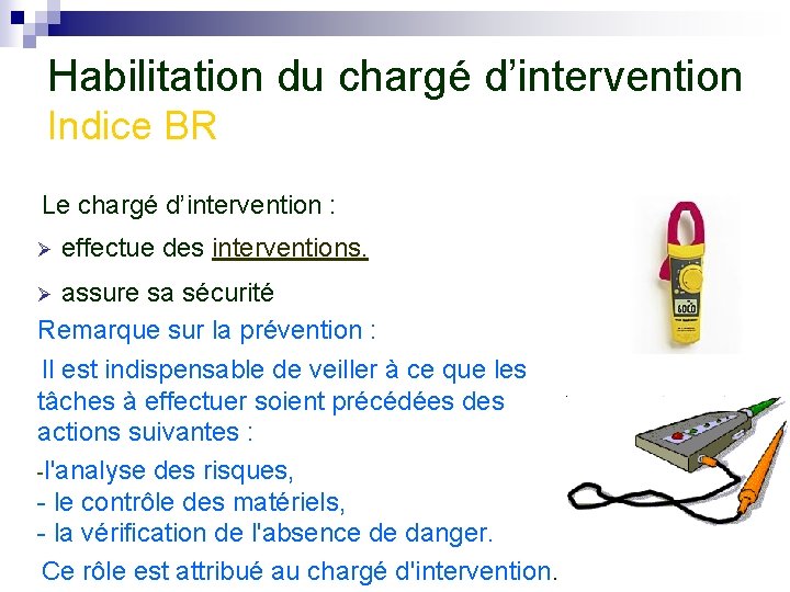 Habilitation du chargé d’intervention Indice BR Le chargé d’intervention : Ø effectue des interventions.