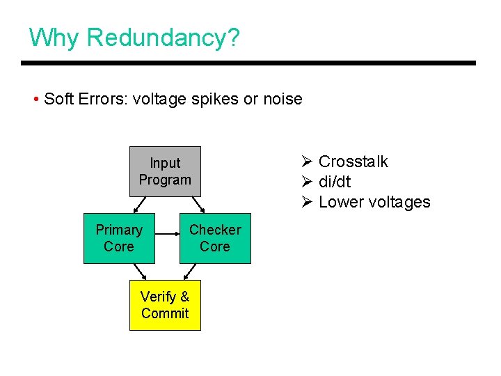 Why Redundancy? • Soft Errors: voltage spikes or noise Input Program Primary Core Checker