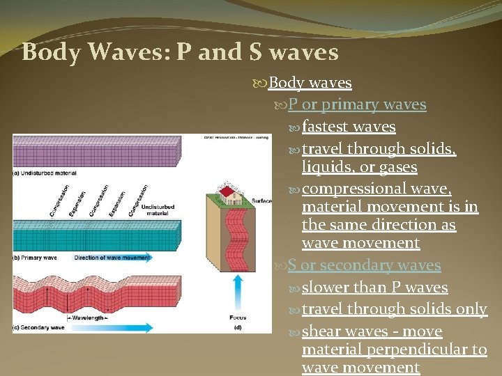 Body Waves: P and S waves Body waves P or primary waves fastest waves