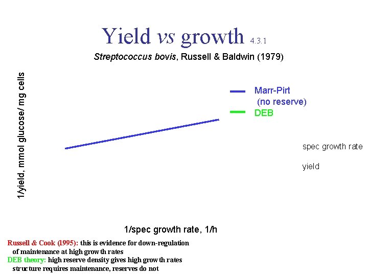 Yield vs growth 4. 3. 1 1/yield, mmol glucose/ mg cells Streptococcus bovis, Russell