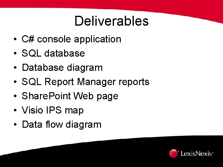 Deliverables • • C# console application SQL database Database diagram SQL Report Manager reports