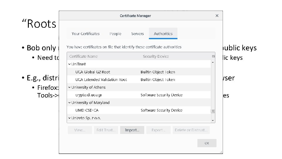 “Roots of trust” • Bob only needs to securely obtain a small number of