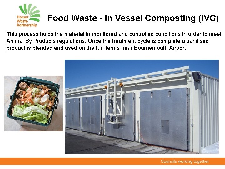 Food Waste - In Vessel Composting (IVC) This process holds the material in monitored