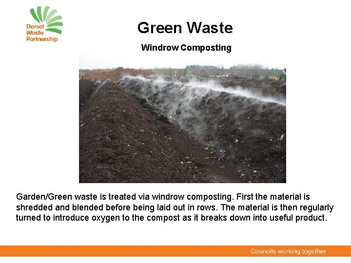 Green Waste Windrow Composting Garden/Green waste is treated via windrow composting. First the material
