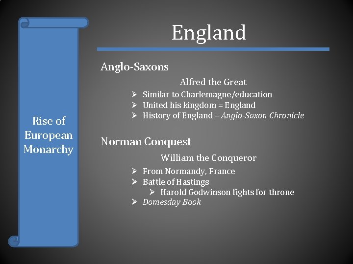 England Anglo-Saxons Alfred the Great Rise of European Monarchy Ø Similar to Charlemagne/education Ø
