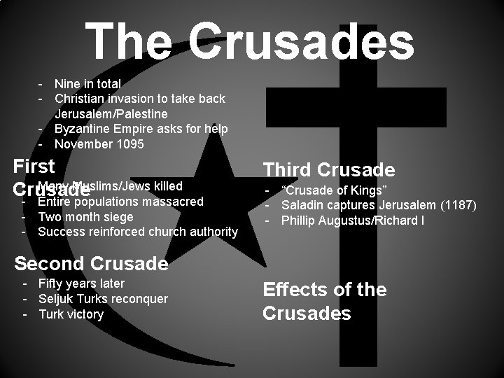 The Crusades - Nine in total - Christian invasion to take back Jerusalem/Palestine -