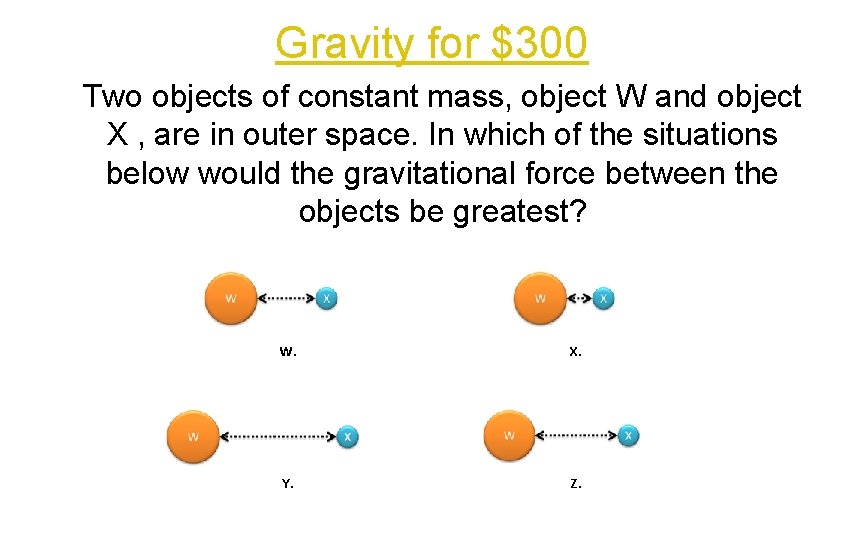 Gravity for $300 Two objects of constant mass, object W and object X ,