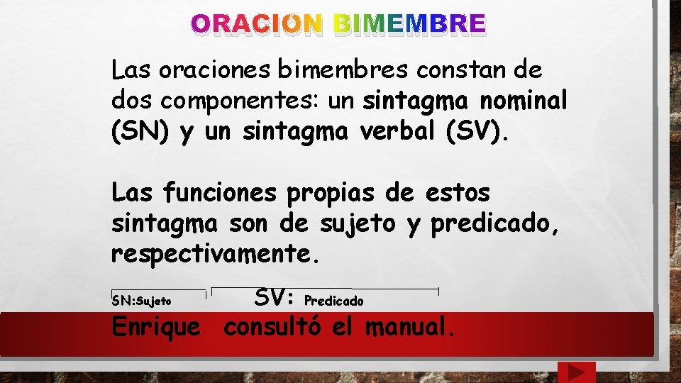 ORACIÓN BIMEMBRE Las oraciones bimembres constan de dos componentes: un sintagma nominal (SN) y