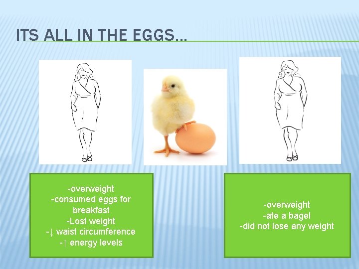 ITS ALL IN THE EGGS. . . -overweight -consumed eggs for breakfast -Lost weight