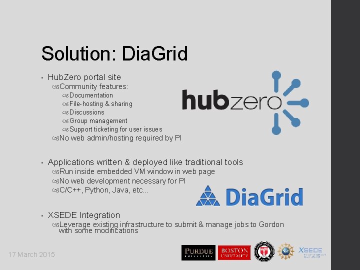 Solution: Dia. Grid • Hub. Zero portal site Community features: Documentation File-hosting & sharing