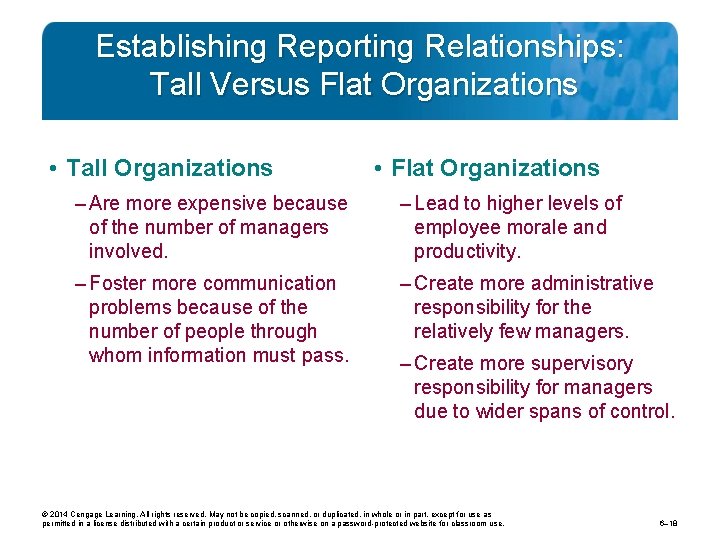 Establishing Reporting Relationships: Tall Versus Flat Organizations • Tall Organizations • Flat Organizations –